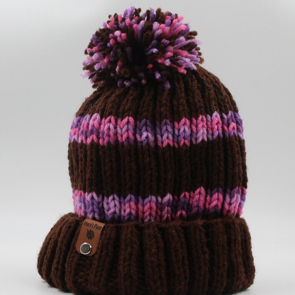 Handmade Hand Knit Acrylic Coffee Brown Pink Purple Ribbed Knit Hat with Pom Pom